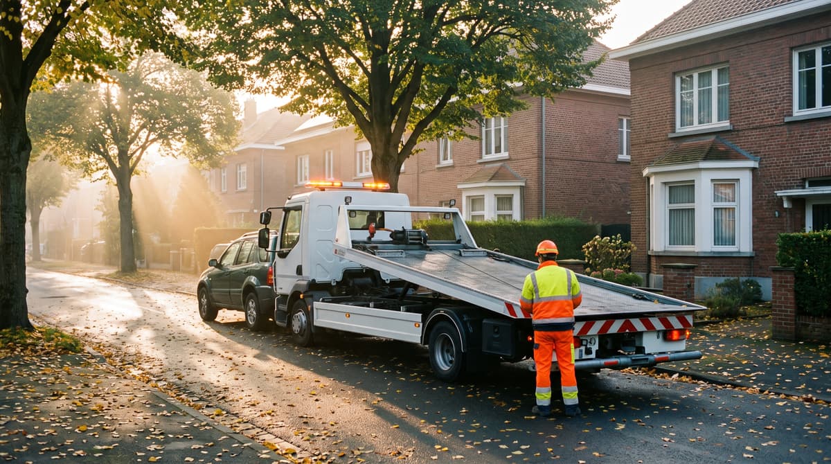 Dépanneuse plateau, plateau incliné, garée devant les villas en briques d’une avenue arborée