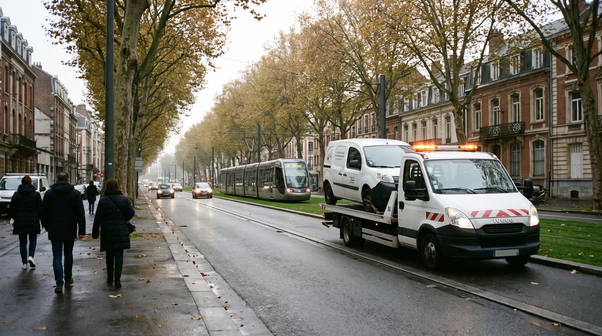 Dépanneuse transportant un utilitaire sur un boulevard arboré longé par le tramway