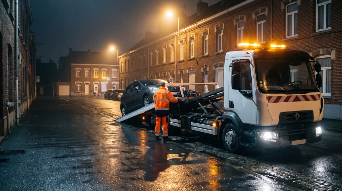 Dépanneuse plateau, gyrophares allumés, chargeant une voiture en panne de nuit dans une rue de maisons en briques du Nord