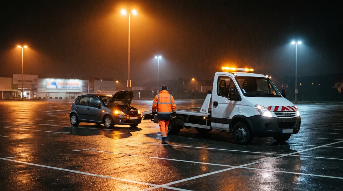 Dépanneuse arrivant de nuit sur un parking de centre commercial près d’une voiture capot ouvert