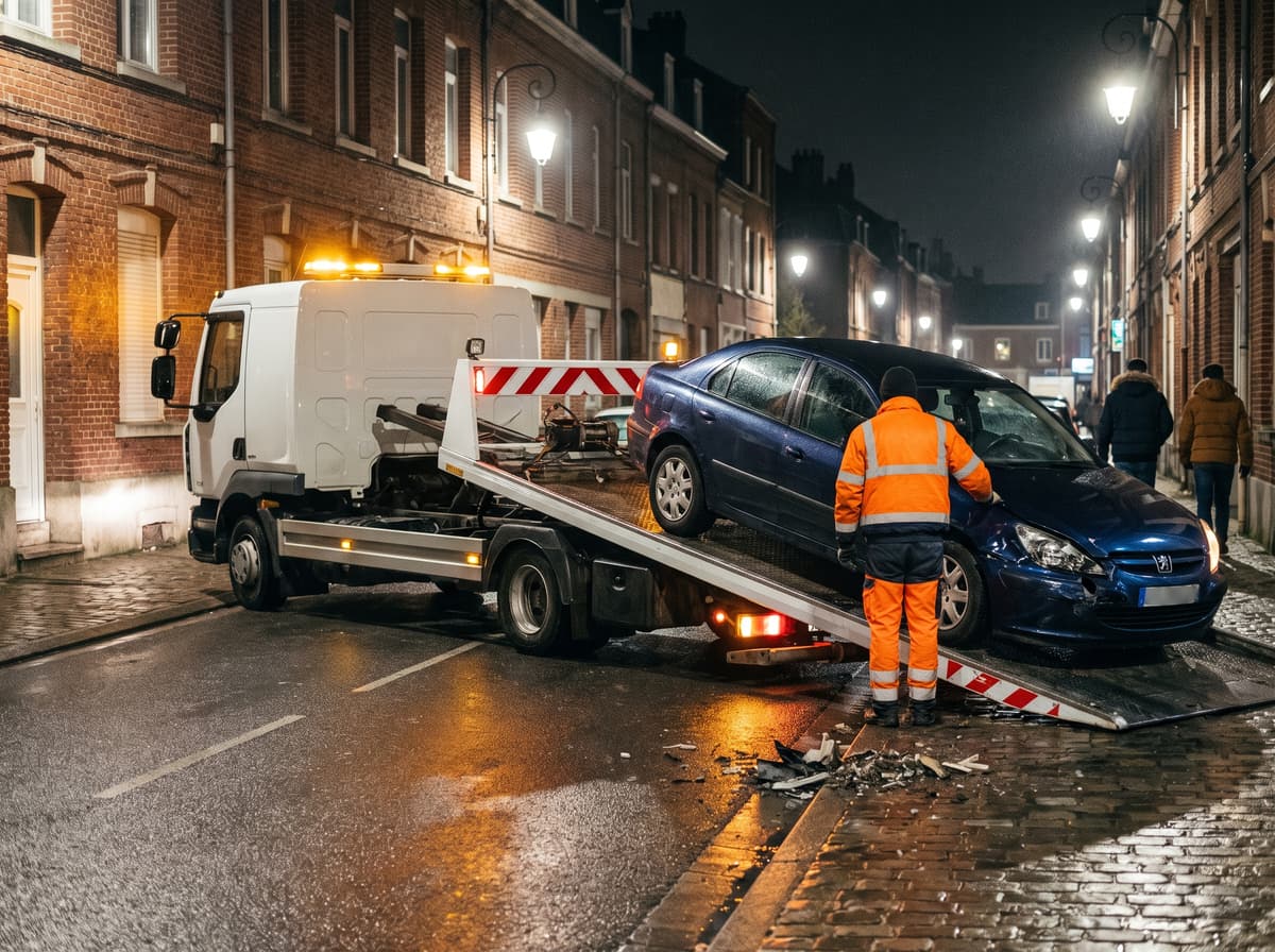Berline à l’avant enfoncé chargée de nuit sur le plateau d’une dépanneuse, débris balayés au bord du trottoir