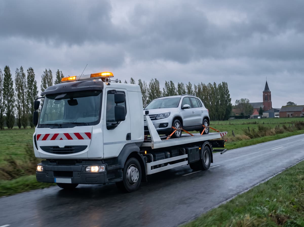 Dépanneuse plateau transportant un SUV sanglé sur une route de campagne des Flandres
