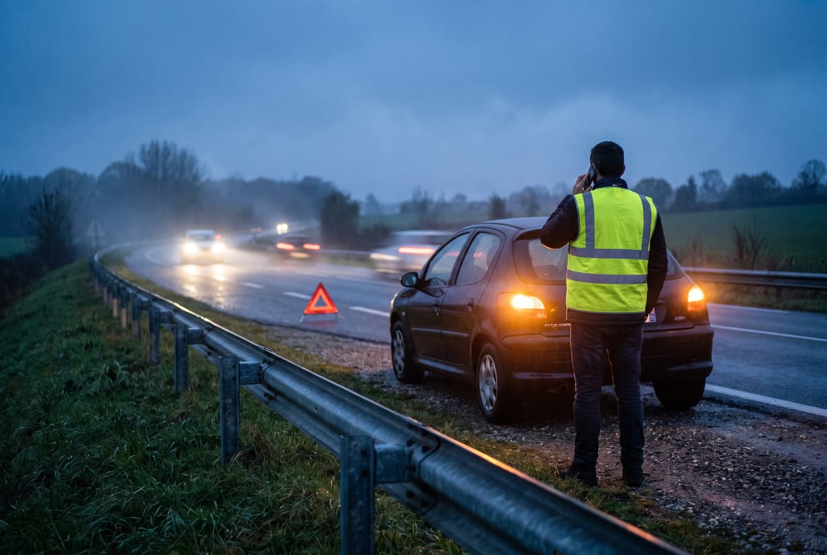 Automobiliste en gilet jaune au téléphone, à l’abri derrière la glissière, voiture en feux de détresse et triangle posé